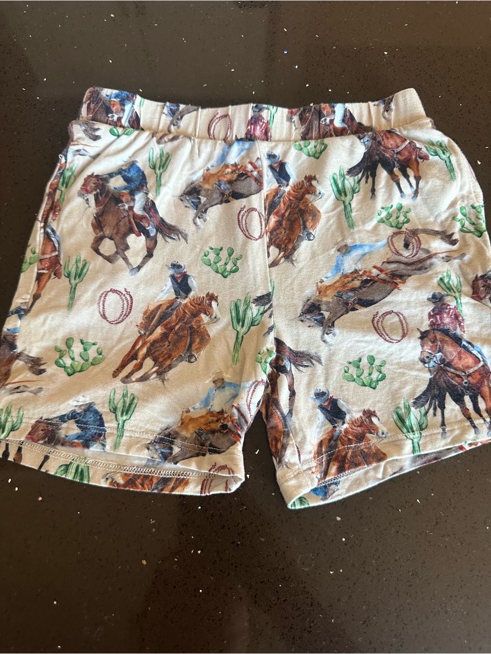 Posh Peanut Cream Shorts with Brown Horses & Green Cacti
